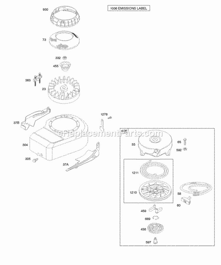 Blower HousingShrouds Flywheel Rewind Starter Diagram and Parts List for 09M902-0005-E1  Briggs and Stratton Engine